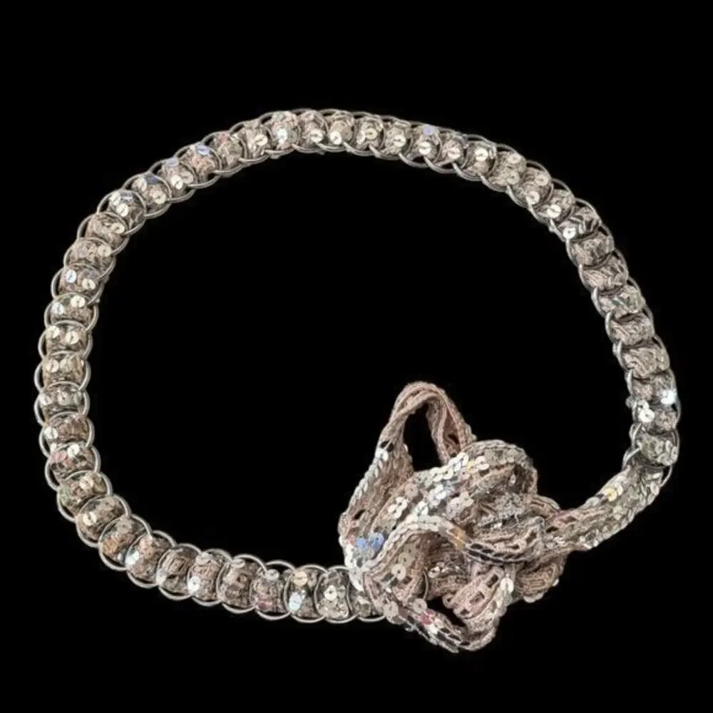 Vintage Sequin Crochet Ring Belt Silver Circles Tie Closure 1970s Small/Medium